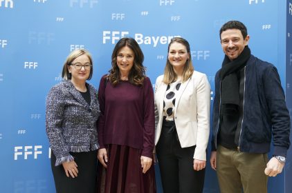 Digitalministerin Judith Gerlach, MdL, mit Schauspielerin Iris Berben, Produzent Oliver Berben sowie FFF-Geschaeftsführerin Dorothee Erpenstein beim FFF-Empfang 2019 in Berlin.
