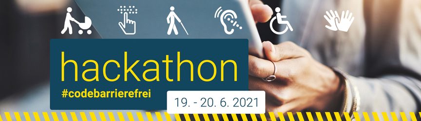 Keyvisual zum Hackathon Hashtag 'codebarrierefrei', bei dem digitale Lösungen für Menschen mit Beeinträchtigungen erarbeitet werden. Keyvisual zum Hackathon codebarrierefrei