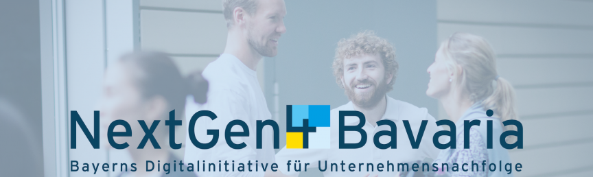 Keyvisual NextGen4Bavaria Menschen unterhalten sich. Im Vordergrund steht der Text: NextGen4Bavaria. Bayerns Digitalinitiative für Unternehmensnachfolge
