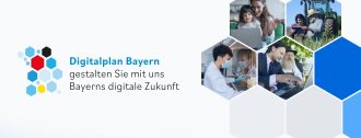 Bild mit verschiedenen Waben und dem Text: Digitalplan Bayern gestalten Sie mit uns Bayerns digitale Zukunft