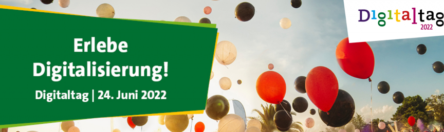 Luftballons, die in den Himmel steigen. Logo des Digitaltags 2022.