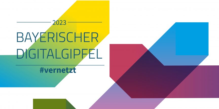 Bunte Farbverläufe, ausgehend von Pixeln. Text: Bayerischer Digitalgipfel 2023 #vernetzt.