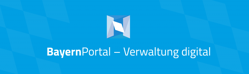Die Grafik zeigt das Logo des BayernPortals in Kombination mit dem Text: BayernPortal - Verwaltung digital auf blauem Hintergrund mit dezent sichtbarer Bayerischer Flagge. Der Text BayernPortal - Verwaltung digital steht unter dem Logo des BayernPortals. Es zeigt die bayerischen weißen und blauen Rauten. Im Hintergrund, einer blauen Fläche, sind ebenfalls transparente Rauten der Bayerischen Flagge zu sehen.