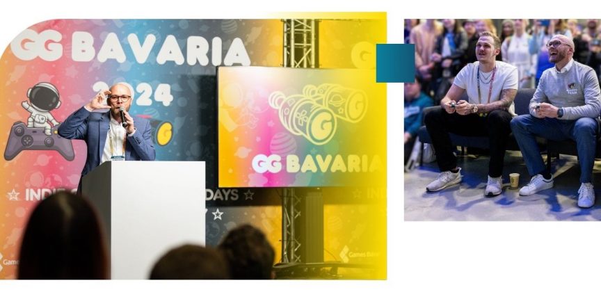 Digitalminister Dr. Fabian Mehring eröffnet die Games-Messe GG Bavaria. Gemeinsam mit einem Influencer spielt er ein Game.